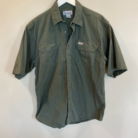 Carhartt Button Down T Shirt Green Mens Medium Utility Work Outdoor - Picture 1 of 5